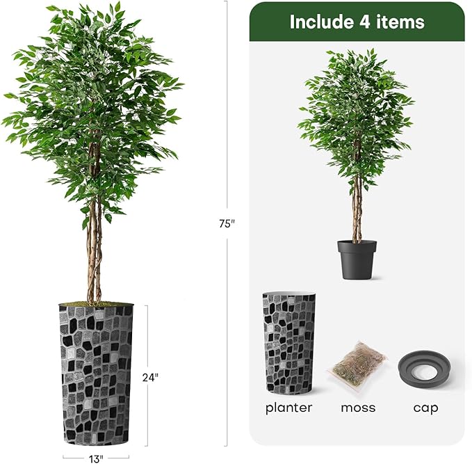 Artificial Tree in Modern Geometric Pattern Planter, Fake Ficus Silk Tree for Indoor and Outdoor Home Decoration - 75" Overall Tall (Plant Pot Plus Tree)