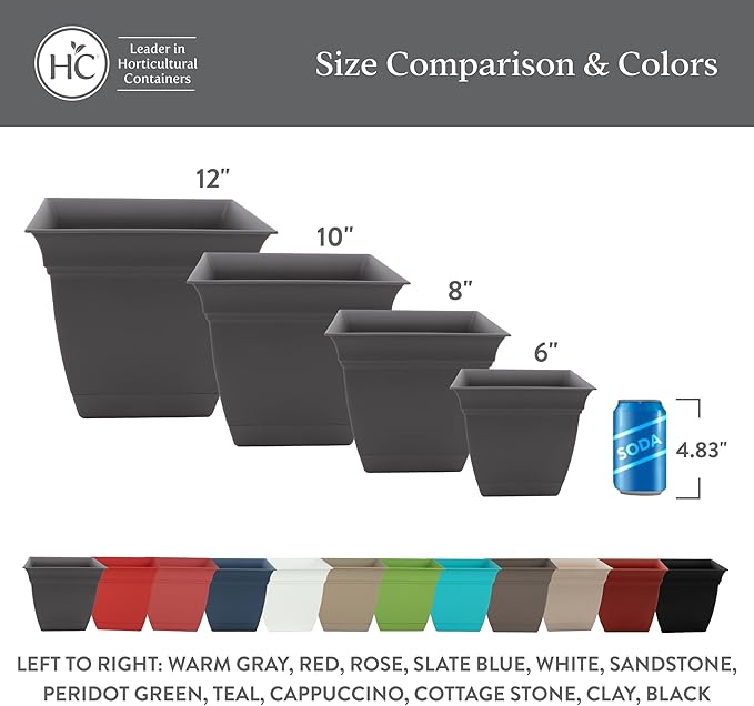 The HC Companies Eclipse Square Plastic Planter w/Attached Saucer - Outdoor & Indoor Plant Pot with Drainage Holes - Lightweight, UV-Resistant Plastic Pots for Plants (6" Red, Pack of 1)
