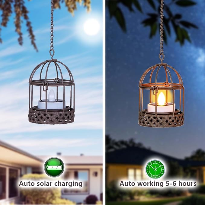 Solar-Hanging-Lanterns-Outdoor-Waterproof, Rust Birdcage Style Candle Holders with Flickering Solar Tea Lights for Backyard Patio Garden Fence Tree Decoration (3 Pack)