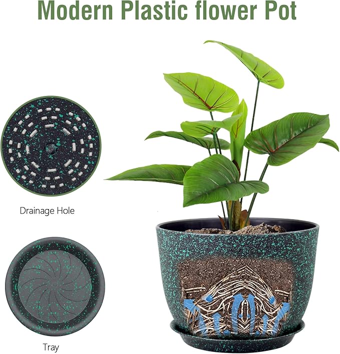 Meowell 12 inch Large Plant Pots, Plastic Planters with Drainage Holes and Saucers, Flower Pots for Indoor Outdoor Plants, Decorative Pots for Garden House Plants, Black with Green Speckles