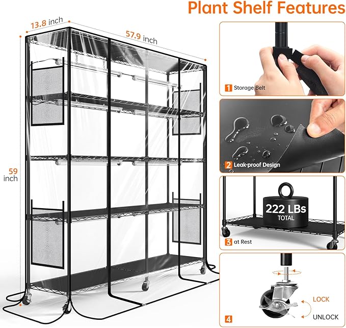 Bstrip Indoor Greenhouse with Grow Light, Large Plant Shelf with 8 Pack T8 Full Spectrum Plant Lights and cover, mini greenhouse for Indoor Plant, Seed Starting (58" L x 13.8" W x 59" H)