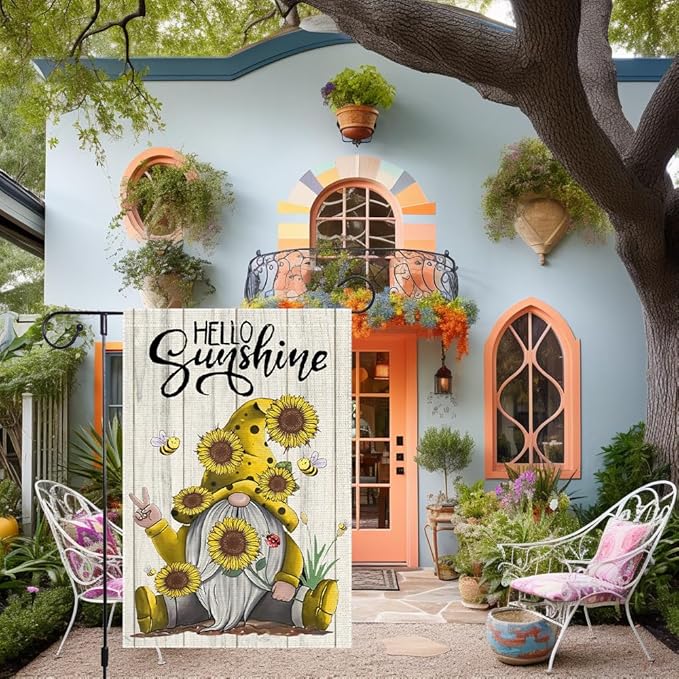 Welcome Sunshine Garden Flag 12x18 Inch Double Sided Small Burlap Gnome Sunflower Garland Summer Garden Flags Decor Home Yard Lawn Holiday Outdoor Flags Decorations