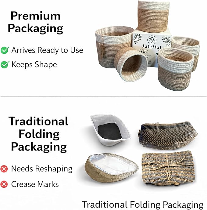 Planter Basket Set – 5-Piece Handwoven Jute Planter Basket for Home Decor, Nursery, or Indoor Plants (5'' to 8'' Diameter, 4.75'' to 7.75'' Height) – Fold & Wrinkle Free - Natural Jute with White Band