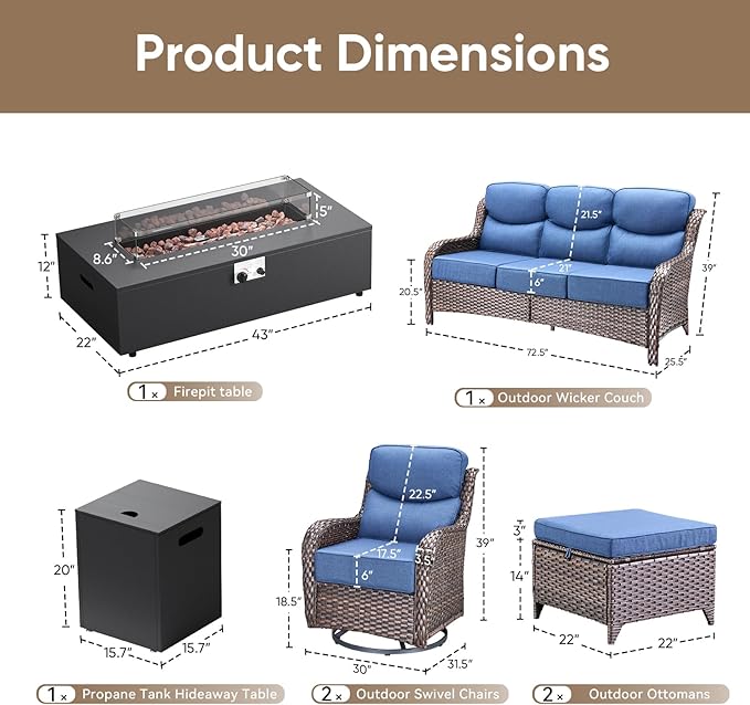 HUMMUH Luxury Patio Furniture Set 6-inch Thick Cushions High Back Swivel Rocker Chairs & 3 Seater-Couch & Steel Fire Pit Table 7 Pieces Outdoor Conversation Set for Porch,Deck,Backyard