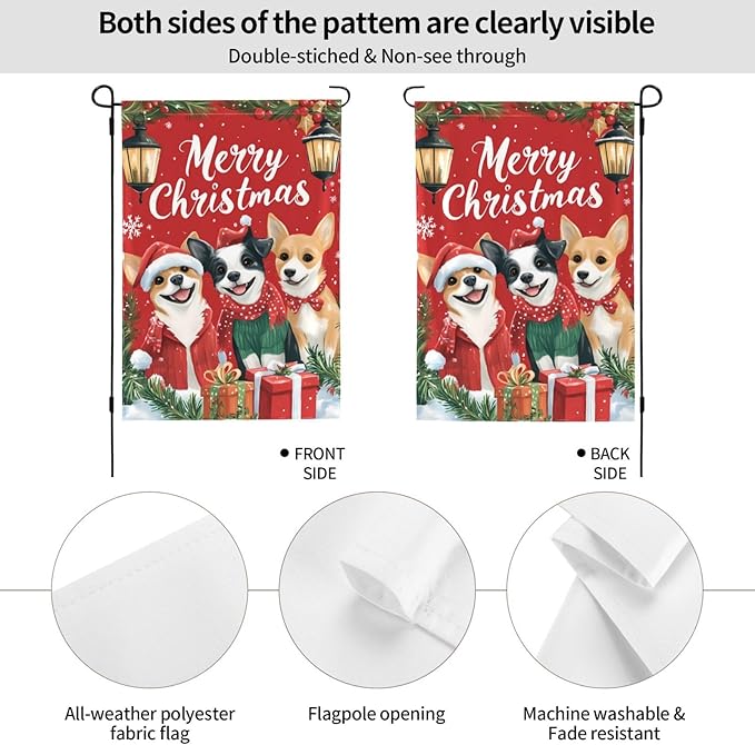 Christmas Dogs Garden Flag 12x18 Inch Double Sided All-Weather Polyester Outdoor Flag For Patio Lawn Yard And Garden Welcome Decor