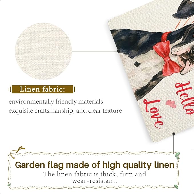 Valentine's Day Great Dane Hello Love Garden Flag, House Yard Plaid Love Heart Outside Decoration, Spring Holiday Wedding Anniversary Outdoor Small Decor 12x18(12628)