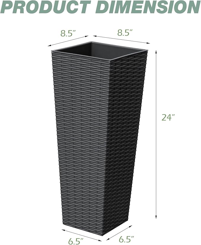 Flamaker Resin Rattan-Design Planters Set of 2, 24'' Tall Flowerpot with Additional Pot for Soil, Durable Weather-Resistant Planter with Drainage Holes for Garden, Patio, Backyard (Black, Small)