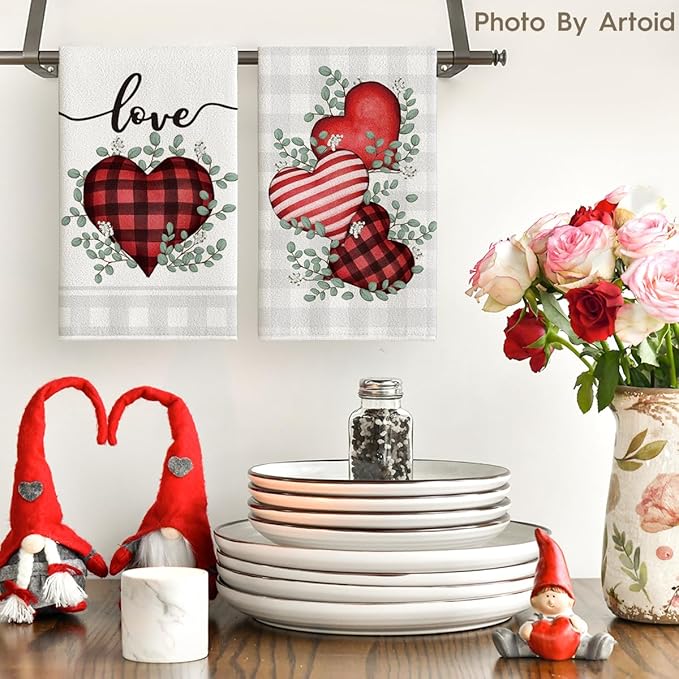 Artoid Mode Red Buffalo Plaid Heart Love Valentine's Kitchen Towels Dish Towels, 18x26 Inch Anniversary Wedding Decoration Hand Towels Set of 2