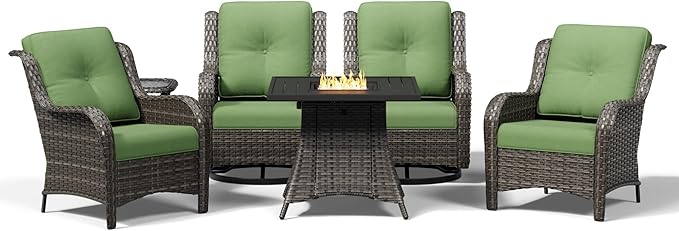 Joyside 6 Piece Wicker Patio Furniture Set with Fire Pit Table, Rattan Patio Chairs with High Back, Deep Seating, Wide Armrest, Thickened Cushions, Outdoor Furniture for Deck, Porch Use