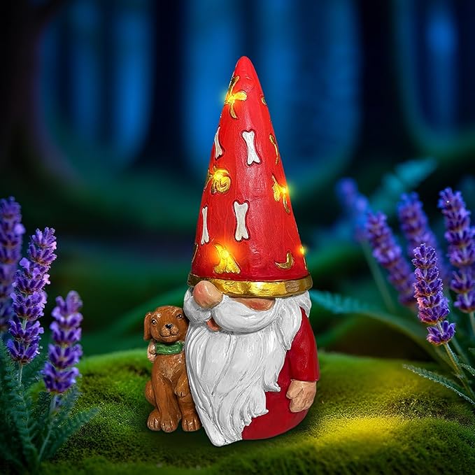 LETITIN Solar Garden Gnome with Dog Statue - Outdoor Solar Powered Gnome Decor with LED Lights, Waterproof Funny Garden Decorations for Patio, Yard, Lawn (Dog Gnome)