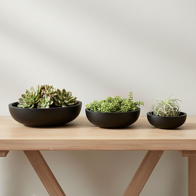 Set of 3 Decorative Resin Planter Pots – Minimalist Sleek Finish Design – Indoor Outdoor Plant Holders – Contemporary Modern Pot Set for Living Room, Entryway, Patio or Garden – 6", 5", 4", Black