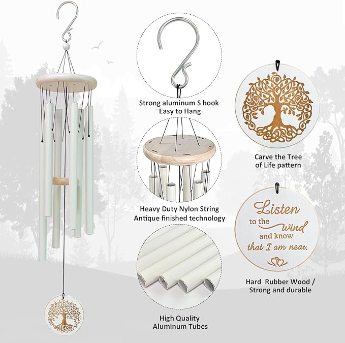 Aoedelyart Tree of Life Wind Chimes Outdoor Clearance WindChimes for Loss of Loved One,33" Memorial/Sympathy Gifts for Friend/Mother/Father,Wind Chimes for Outside Garden,Home,Yard Decor(White)