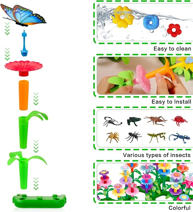 Birthday Toys Gifts for 2 3 4 5 6 Years Old Toddler Girls Boys, 156 PCS Insect Flower Garden Building Educational STEM Learning Pretend Play Gardening Set, Easter Gifts for Preschool Kids Age 2+