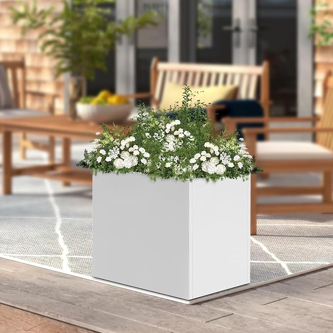 16~32inch Steel Planter Square Outdoor Planters Box Indoor Metal Large Planters Cube, Heavy Duty Flower Pot Modern for Commercial Residential Home Garden Porch Hotel Patio (White, 24×24×24in)