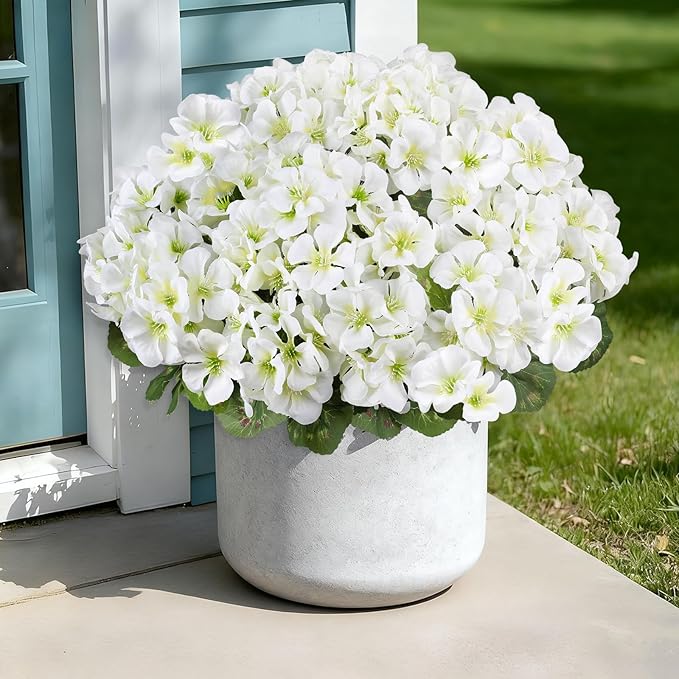Artificial Geranium Flowers for Outdoors, 6 Bundles Realistic Silk Fake Geranium, No Fade Faux Plants for Hanging Baskets, Window Boxes, Pots - Porch, Patio, Balcony Decor(White)