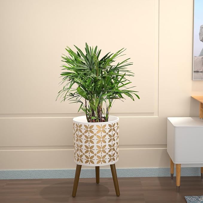 nacltlo12 Inch Planter with Stand, Plant Stand Indoor, Plant pots, Modern Mid-Century,Large Flower Planter Pot with Drainage Holes for Outdoor,White and xGold