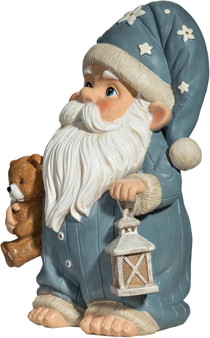 Sleepy Garden Gnome with Teddy Bear & Lantern - 9" Weatherproof Resin Statue - Indoor Outdoor Decor - Whimsical for Home, Patio & Lawn