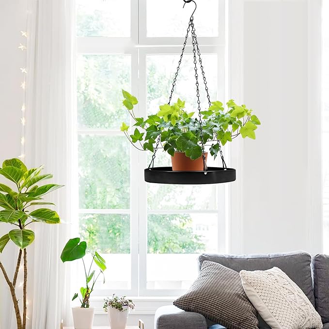 PIKAMAO Plant Hanger Indoor Outdoor, Hanging Planter Baskets for Outdoor Indoor Plants, Hanging Plant Holder Tray for Plants, Metal Window Plant Hanger, Black Hanging Plant Shelf, 2 Pack