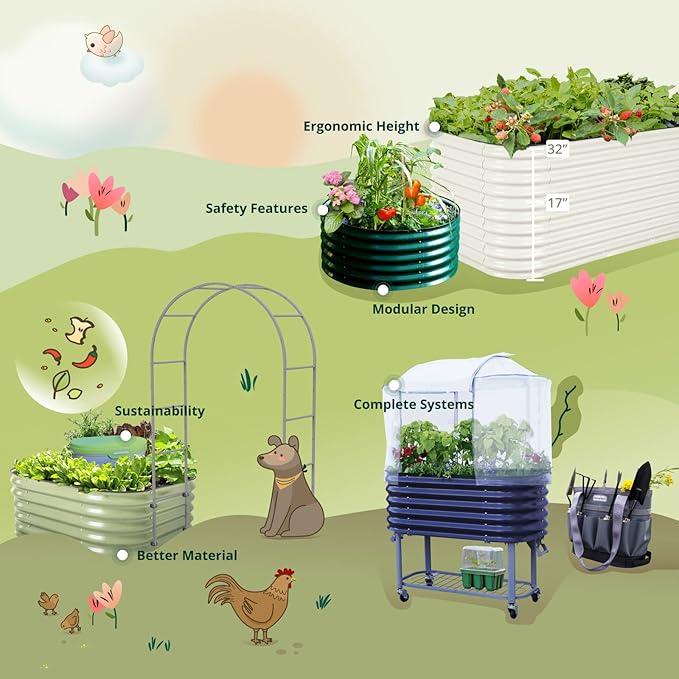 17" Tall Kids First Garden Bed 24" x 42" Raised Planter Box Outdoor Metal Galvanized Gardening Bed for Vegetables Herb & Flower, Pearl White