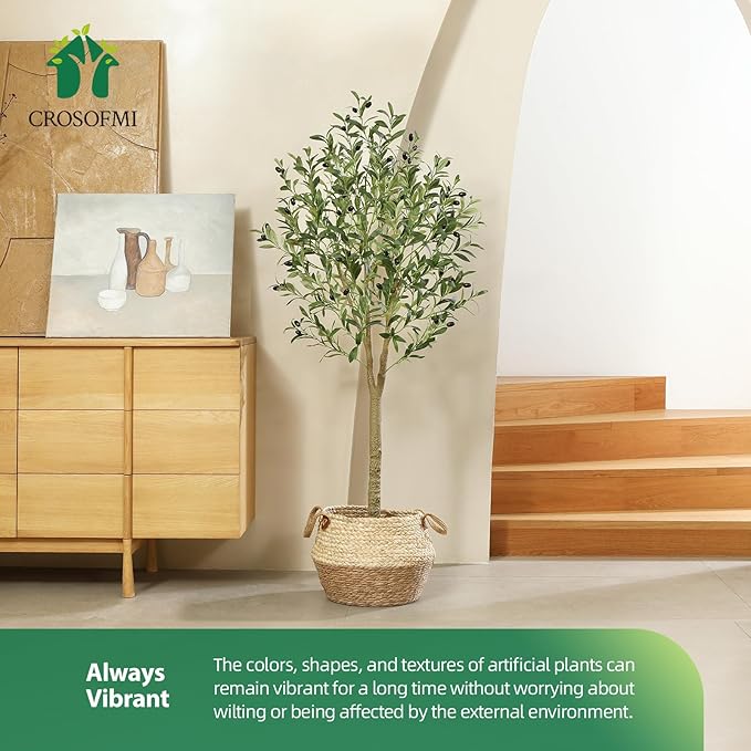 CROSOFMI Artificial Olive Tree Plant 6Ft Fake Topiary Silk Tree, Perfect Faux Plants in Pot for Indoor Outdoor House Home Office Garden Modern Decoration Housewarming Gift,1Pcs
