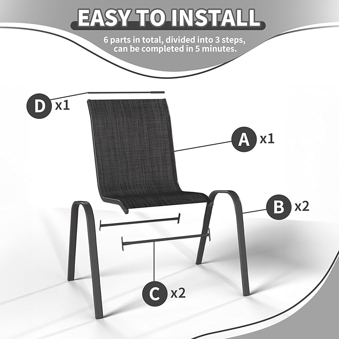 Patio Dining Chairs Set of 4, Stackable Dining Chairs High Back, Breathable Seat Fabric and Alloy Steel Frame Fit Backyard, Porch, Lawn，Poolside (Dark Grey)