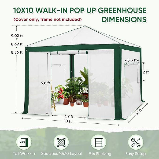 EAGLE PEAK Replacement Cover for 10x10 Pop up Greenhouse with Polyester Reinforced Corners, Front and Rear Roll-Up Zipper Entry Doors and 2 Large Roll-Up Side Windows (Frame Not Included), Green/White