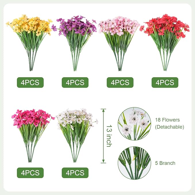 Stymedeca Artificial Flowers for Outdoor Faux Plants for Spring Summer Decoration, UV Resistant Realistic Silk Plastic Fake Flowers Garden Porch Patio Balcony Yard Front Home Decor, 24 Bundles