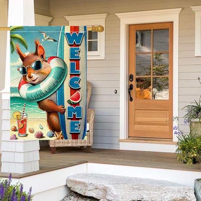 Welcome Garden Flag Double Side Burlap beach Surfboards Squirrel Summer Garden Flags Home Outdoor Yard Lawn Coastal Decorations(RMQ-479D, 28"X40")