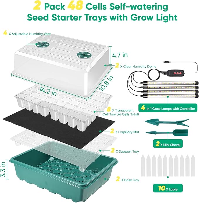 96 Cells Self-Watering Seed Starter Tray with Grow Light, Seed Starter Kit with Adjustable Humidity Dome, Seed Starting Trays Plant Starter Kit for Seeds Growing Starting, Indoor Gardening, Greenhouse