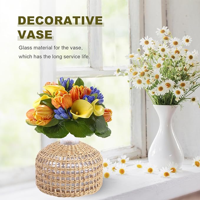 DOITOOL Glass Vase with Rattan Cover, Farmhouse Rattan Vase, Wicker Vase Flower Bud Vase, Decorative Flower Vase Floral Container for Floral Arrangements Housewarming Party Home Decor (L+XS)