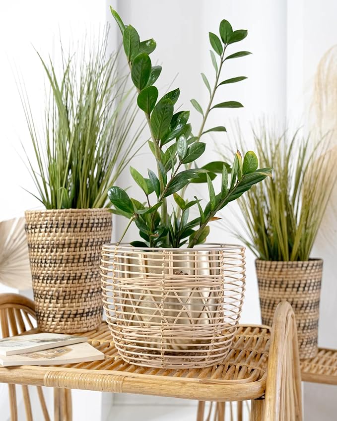 Iron and Cane Basket, Rattan, Cylindrical, 10" Top Dia x 8" Bottom Dia x 8" H, Handwoven, Storage, Planter