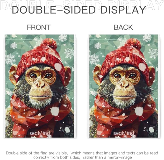 Monkey with Red Scarf and Hat Snowflake Christmas Garden Flag, 28x40 Inch Double Sided Linen Holiday Red Winter Farmhouse Yard Outdoor Decoration (4340)