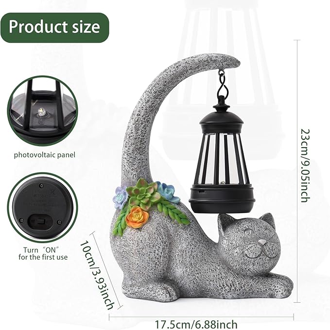 Ploxoiven Garden Cute Cat Gnome Statue Decorations - Solar Resin Cat wtih Solar Garden Lights Outdoor Decorations Waterproof for Patio,Yard,Lawn,