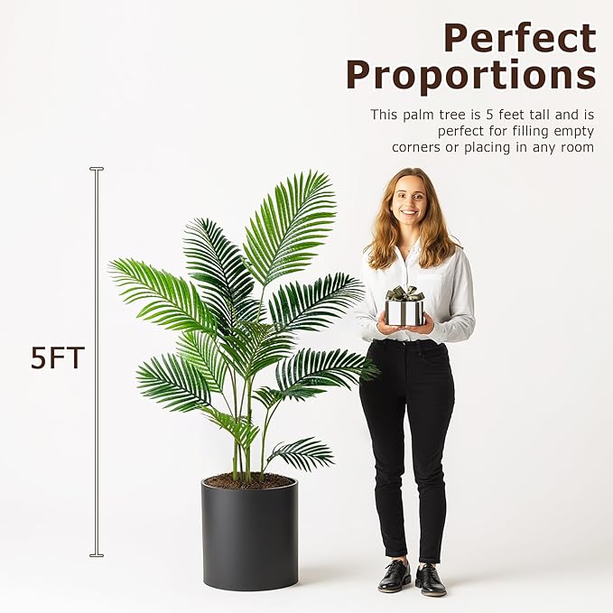 5FT Artificial Areca Palm Tree-Lifelike Palm Plant,Faux Tropical Areca Floor Plant Tall Faux Silk Large Artificial Plants for Indoor Home Living Room Corner Decor（No Planter）