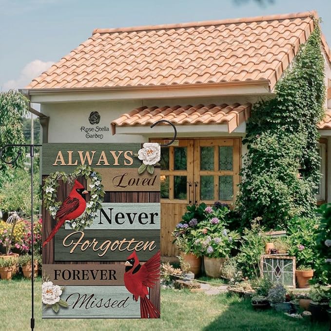Cardinal Memorial Garden Flag 12x18 Inch Double Sided Outside, Always Loved Never Forgotten Memorial Day Gravesite Saying Yard Outdoor Decoration