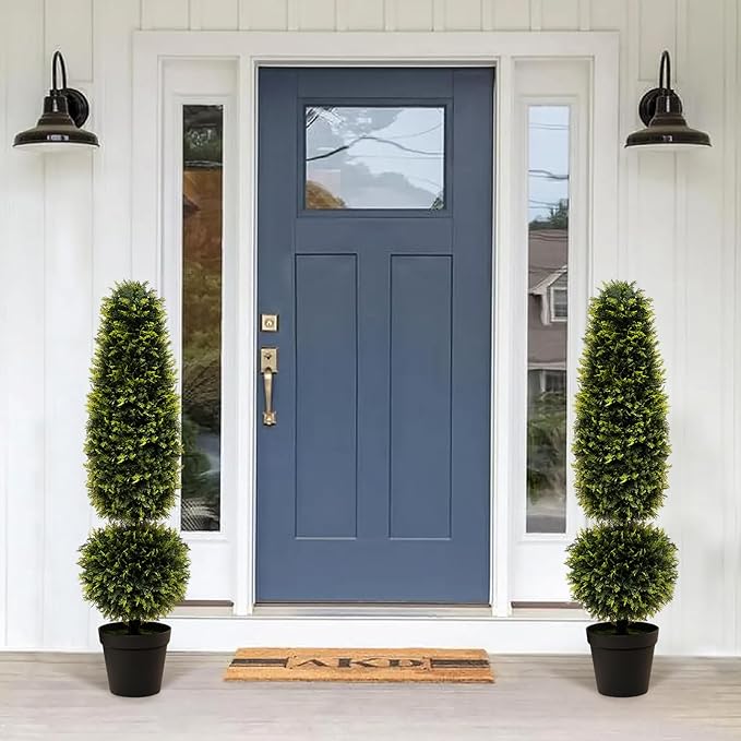 Goplus 4FT Artificial Cedar Topiary Trees for Outdoors, Faux Potted Plants Cypress Trees with Natural Vines, Cement Pot, Fake Evergreen Artificial Topiary for Indoor Home Front Porch Decor