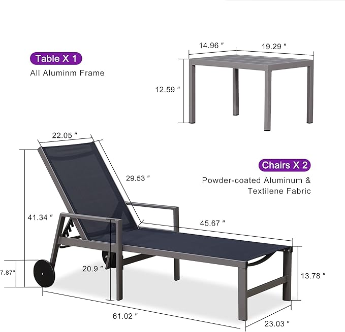 PURPLE LEAF Outdoor Chaise Lounge Set for 2 Aluminum Patio Chaise Lounger Chairs with Armrest and Wheels Adjustable Pool Chaise Lounge Chair for Beach Yard Poolside Table Included, Navy Blue