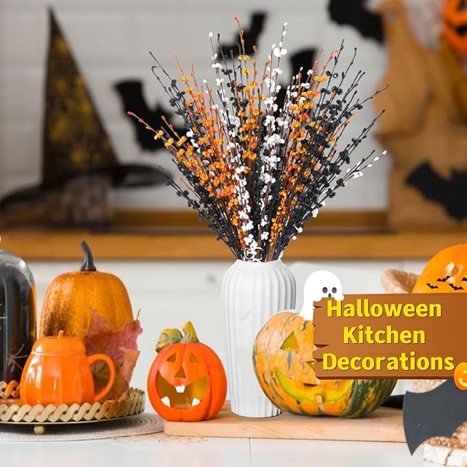 10pcs Jasmine Halloween Flower 29.5'' Long Halloween DIY Floral Picks for Halloween Party Indoor Decorations Gothic Home Badroom Centerpieces Vase Fillers (Orange, White, Black)