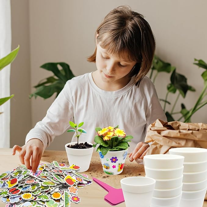 30 Set Garden Paper Pot Craft Kit，DIY Flower Plant Crafts with 216 Foam Stickers Watercolor Pens Plastic Plant Tags for Spring Summer Gardening Art Project Classroom Party Activities (Small)