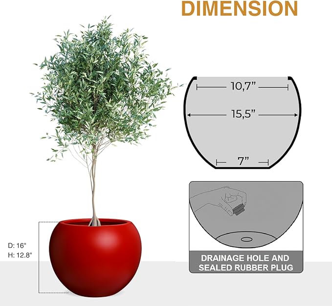 KUTE NEST 12.8" H x 16" D Globo Fiberstone Round Planter with Drainage Hole, Smooth Finishes, Weather Resistant for Indoor and Outdoor Use, Included 2 Extra Coco Mats (Red, 10.7" Pot Opening)