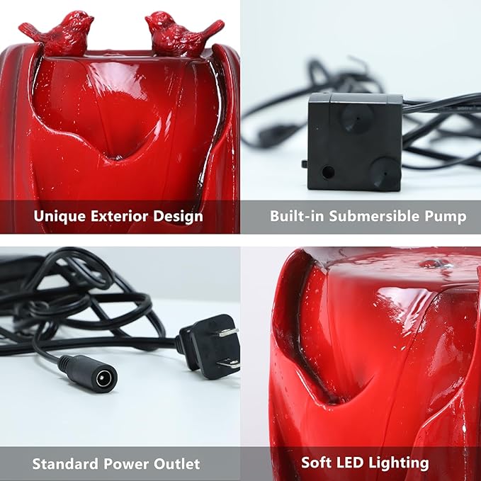 Ferrisland Red Fountain with LED Lights, 20" H Resin Vase Outdoor Freestanding Fountain with Adjustable Water Pump, Outside Garden & Backyard Decking Décor