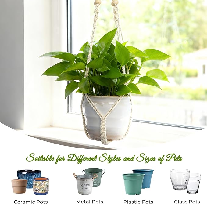 EJGIEGSO Macrame Plant Hanger, Up to 4-15 inch Pots, Wood Beads Cotton Hanging Planter Holder for Indoor Outdoor Boho Home Decor, 35 Inch, Set of 2 (Ivory)