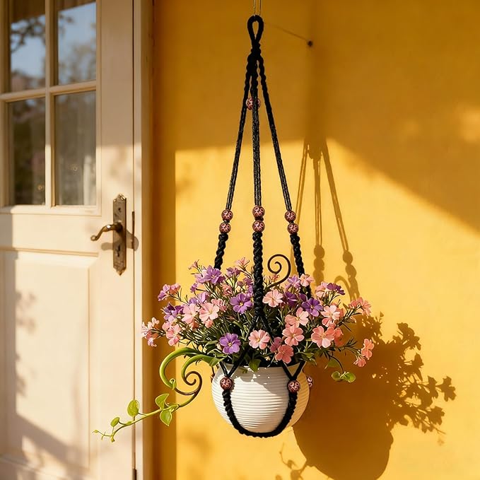 HOREAKHJ 35 Inch Macrame Plant Hanger, Large for up to 15 Inch Pot Extra Long Hanging Planter Holder Basket with Wood Beads for Indoor Outdoor Home Decor (Black, 2-Pack)