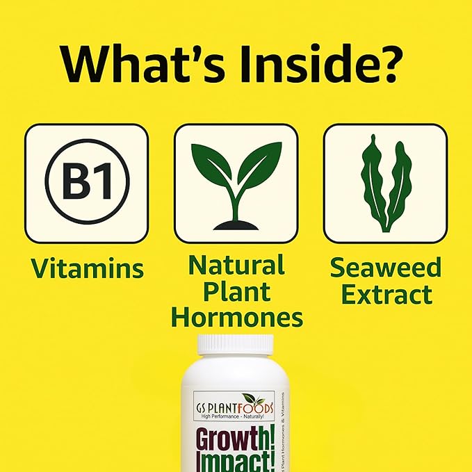 Growth Impact Super Concentrated Vitamin Solution - GS Plant Foods Plant Liquid All Purpose Plant Nutrition Vitamins and Hormones for All Types of Plants, Trees or Turf (8oz)