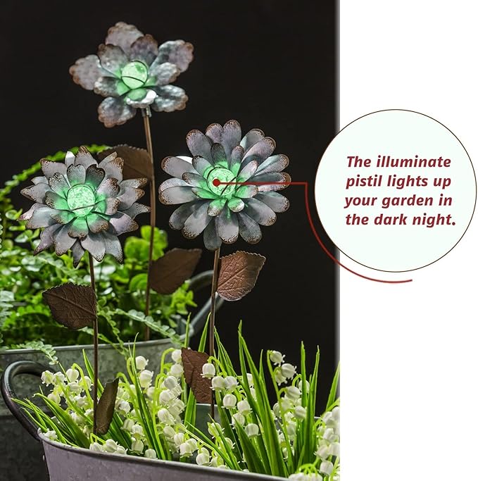 Voltogar 3 PCS Flower Stake Galvanized Metal Decoration for Garden & Outdoor, 13.8" H Glass Globe Glow in Dark Plant Pick Ornament Water-Proof Garden Art for Lawn & Patio