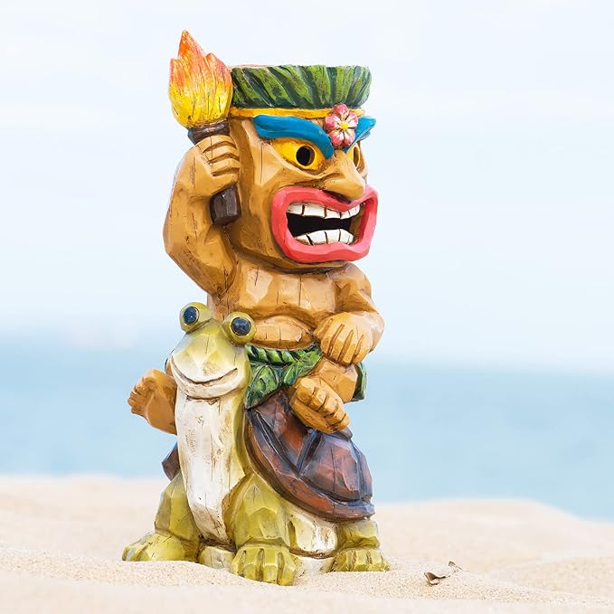 Tiki Outdoor Statue with Turtle Decor - Solar Powered Garden Figurine Tiki Art for Tiki Bar,Backyard,Garden,Yard,Flowerbed,Walkway,Patio,Lawn,Porch Decorations,Gifts