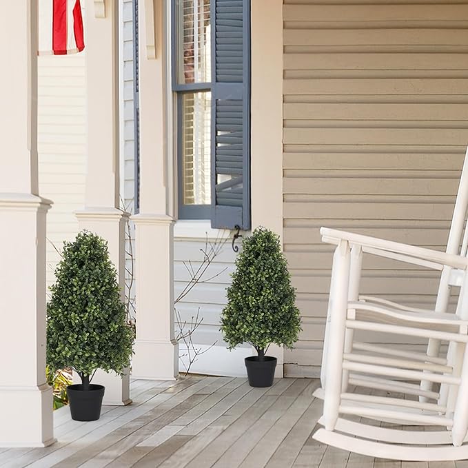 Azoco 30" Boxwood Topiary Trees Artificial Outdoor Set of 2, UV Resistant Faux Plants for Front Porch Planters, Realistic Cone-Shaped Fake Bushes & Shrubs, 2.5ft Evergreen Decoration