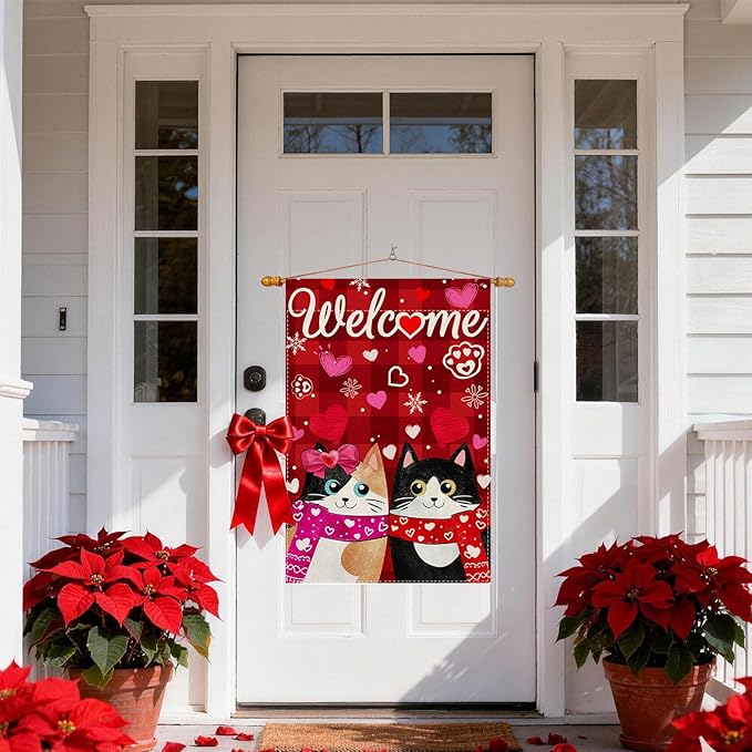 Welcome Valentine’s Day Romantic Love Heart Couple Cats Paw House Flag large 28X40 Inch Big Vertical Double Sided Yard Outdoor Outside Holiday Decoration