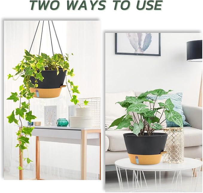 ZMTECH 12 Inch Hanging Planters for Indoor, Large Hanging Plant Pot with Visible Water Level and Chain, Self Watering Hanging Flower Pot for Outdoor Garden Porch(Dark Gray)