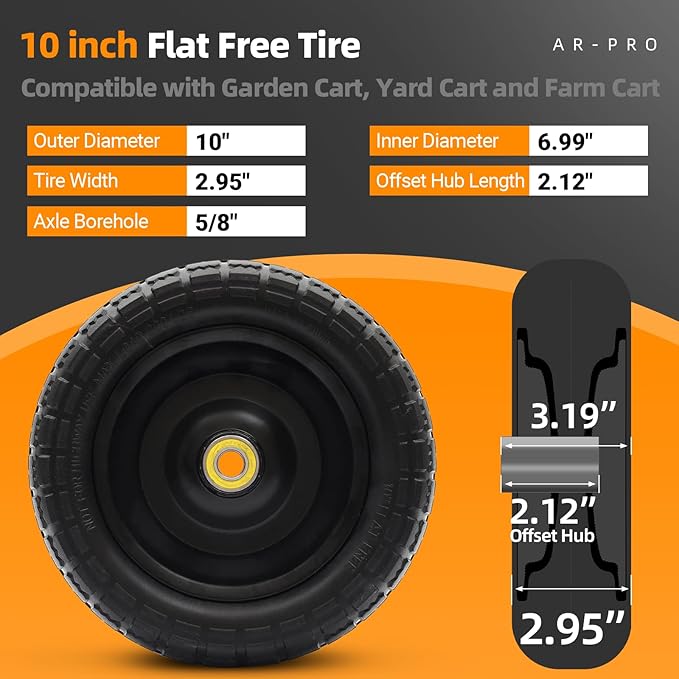 AR-PRO (4-Pack) Replacement Wheels 10 inch Flat Free Tire - Solid Flat-Free Tire and Wheel - 3" Wide Tires with 5/8 Axle Borehole and 2.1" Hub - Compatible with Garden, Yard and Farm Cart